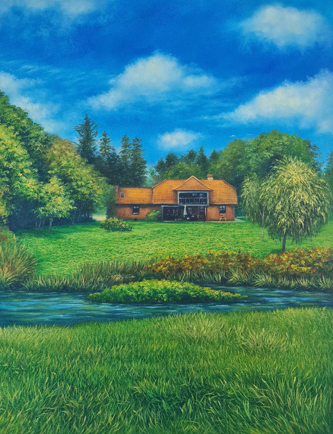 Pintura de una casa en un campo